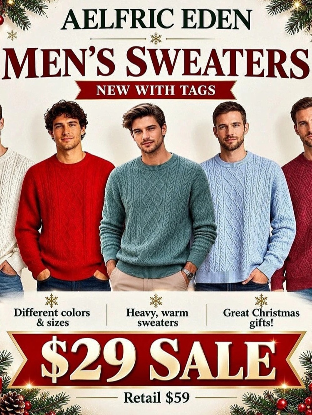Brand New AELFRIC EDEN Men's Cable Knit Crewneck Sweater Crewneck Sweater NWT